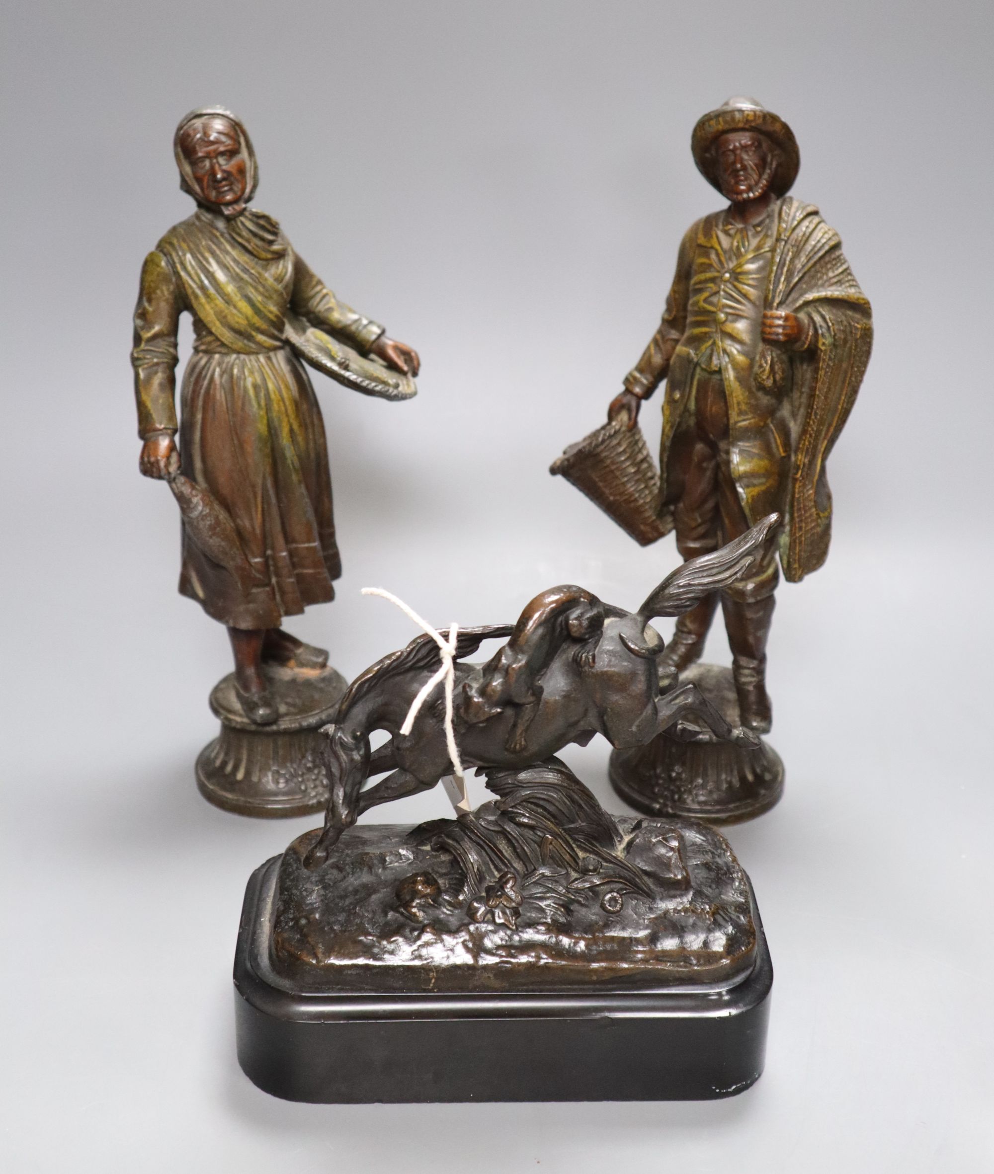 After Jean-Francois-Theodore Gechter (1796-1844), bronze, Horse being attacked by a Lioness and a pair of spelter figures,